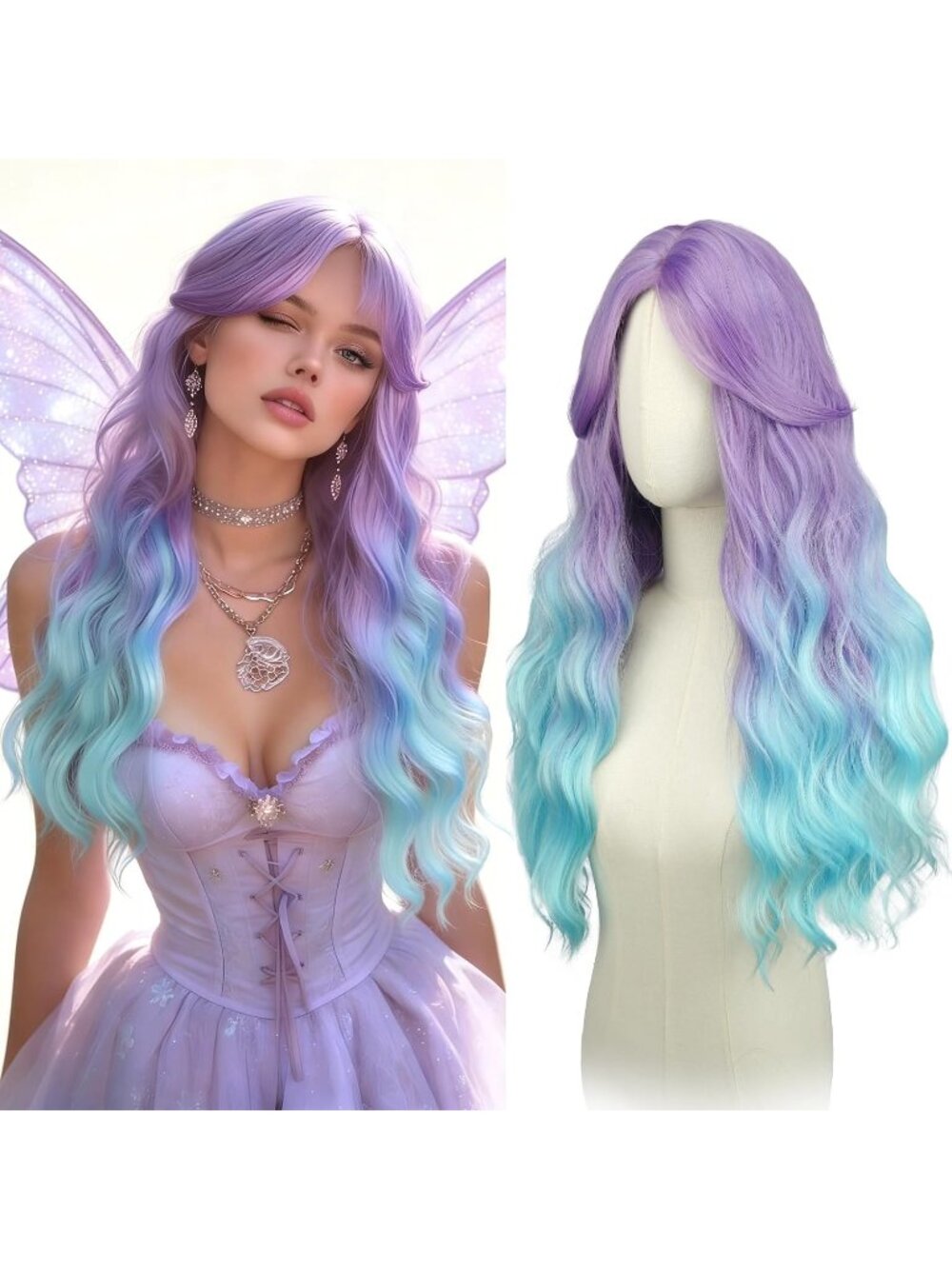 Women's Purple To Blue 26 Inch Heat Resistant Curtain Bangs Long Wavy Wigs